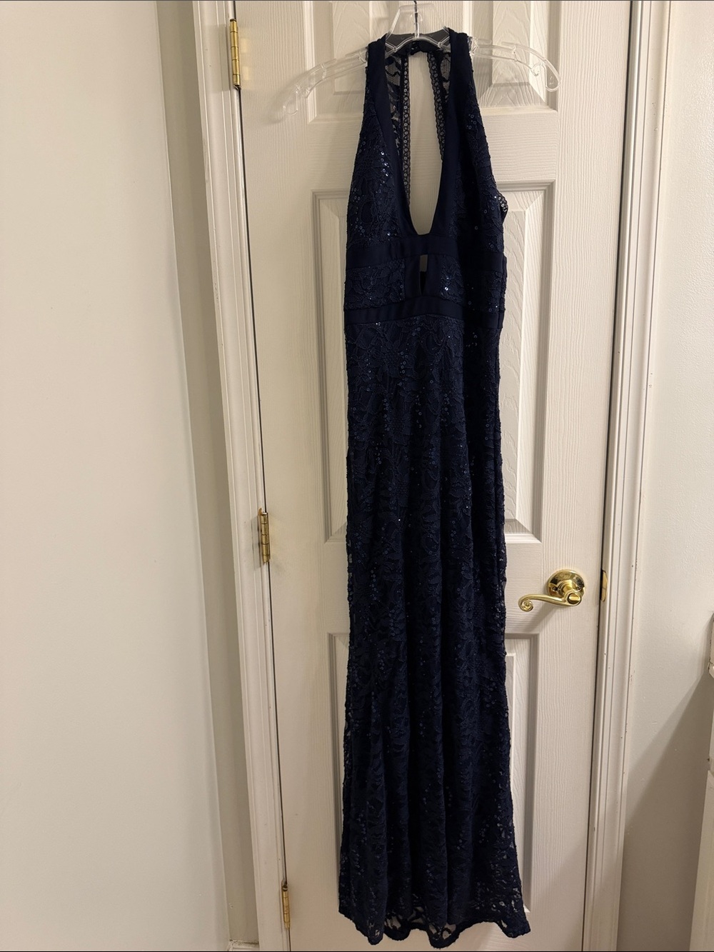Bee Darlin Navy Blue Halter Sequin Prom Dress
